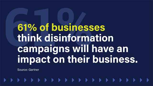 A text image reads: 61% of businesses think disinformation campaigns will have an impact on their business.