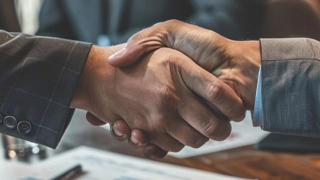 A closeup of two business partners shaking hands.