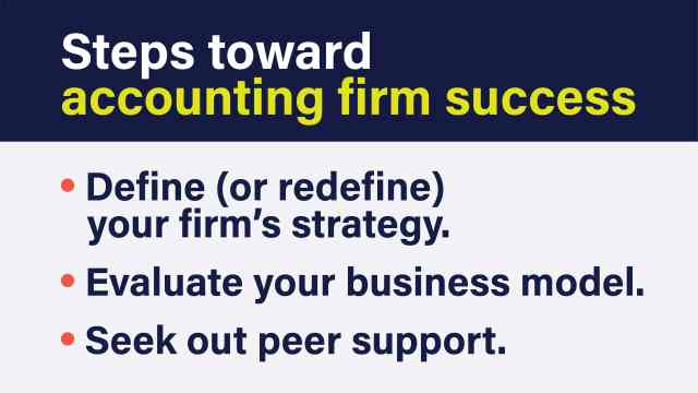 An image that lists the steps toward accounting firm success: Define your firm's strategy, evaluate your business model and see out peer support.