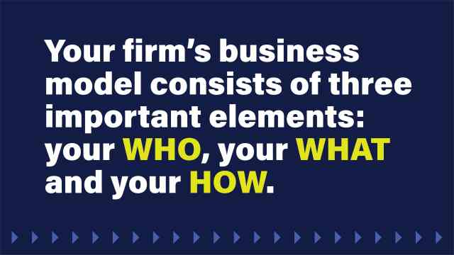 An image that reads: Your firm’s business model consists of three important elements: your WHO, your WHAT and your HOW.