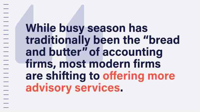 A custom pull quote image that reads: While busy season has traditionally been the "bread and butter" of accounting firms, most modern firms are shifting to offering more advisory services.