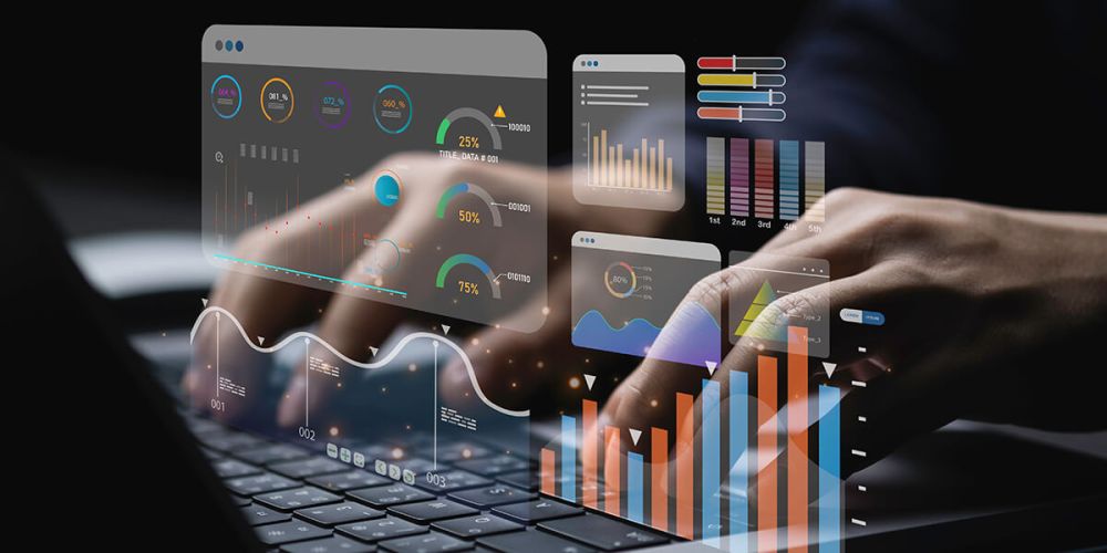 Hands typing with KPI data floating around them in an accounting whirlwind