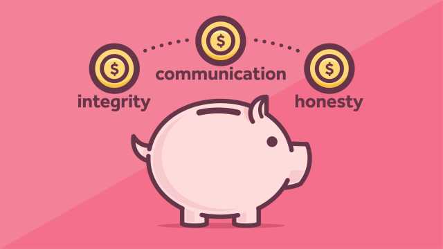 A graphic with a shaded dark pink background. A light pink piggy bank is front and center. Three coins labeled integrity, communication and honesty are poised to be deposited into the piggy bank.