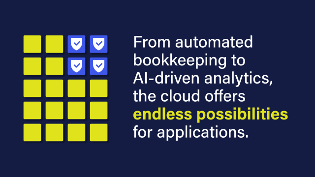 An image that reads: From automated bookkeeping to AI-driven analytics, the cloud offers endless possibilities for applications.