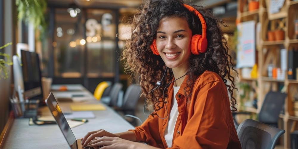 A smiling woman wearing orange headphones sits at a laptop as she listens to her favorite small business podcast and looking straight at the camera.