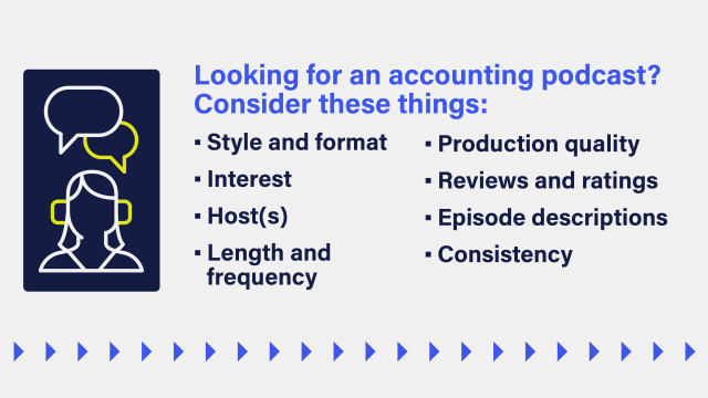 An image with text that reads: Looking for an accounting podcast? Consider these things. It includes a shortened version of the list that's in the body copy of the blog post.