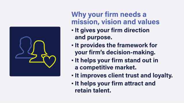 An image that lists the 5 reasons an accounting firm needs a mission, vision and values.