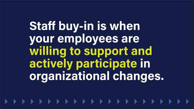 An image with text that reads: Staff buy-in is when your employees are willing to support and actively participate in organizational changes.