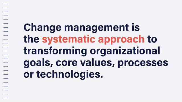 A text image that reads: Change management is the systematic approach to transforming organizational goals, core values, processes or technologies.