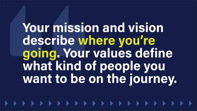 An image that reads: Your mission and vision describe where you’re going. Your values define what kind of people you want to be on the journey.