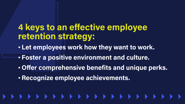 Text on an image about creative an effective employee retention strategy.