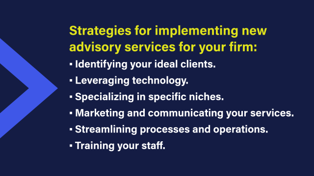 An image that lists 6 strategies for implementing new advisory services for accounting firms. The 6 strategies are outlined in the article below this image.