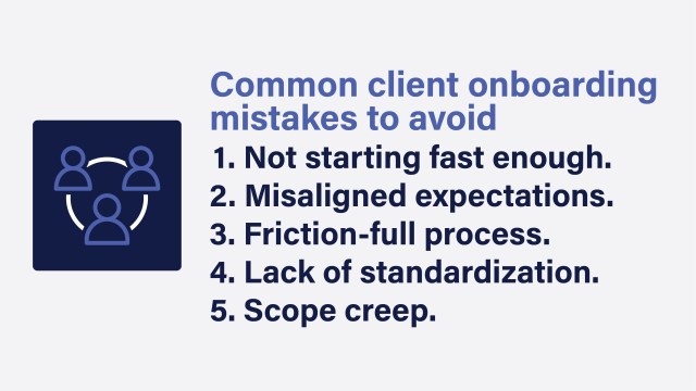 A text image that lists the 5 common client onboarding mistakes to avoid