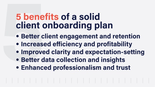 A text image with the number 5 in the background with the 5 benefits of a solid client onboarding plan listed