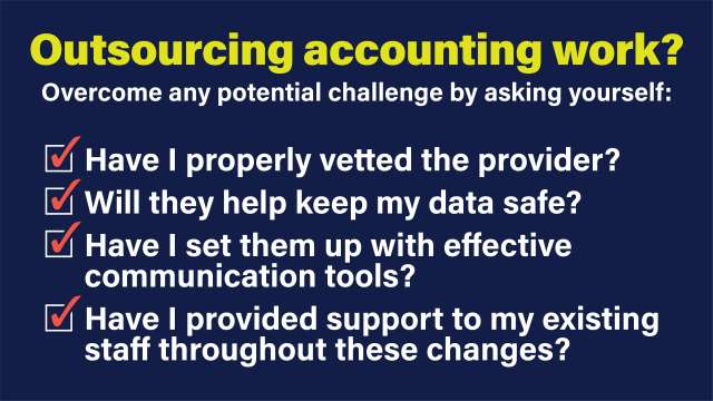 Graphic with essential questions to ask yourself if you're outsourcing accounting work.