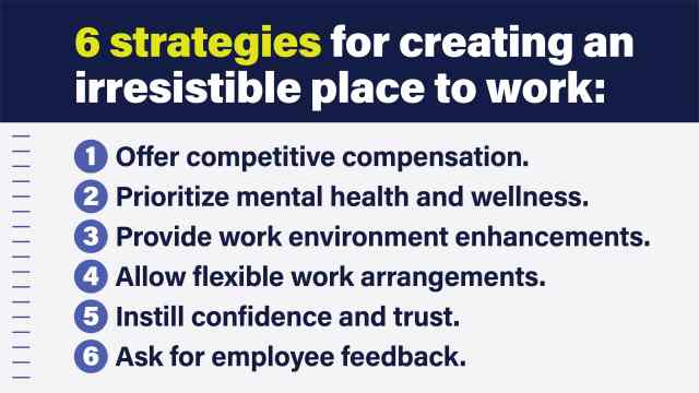 An image that lists six strategies for creating an irresistible place to work.