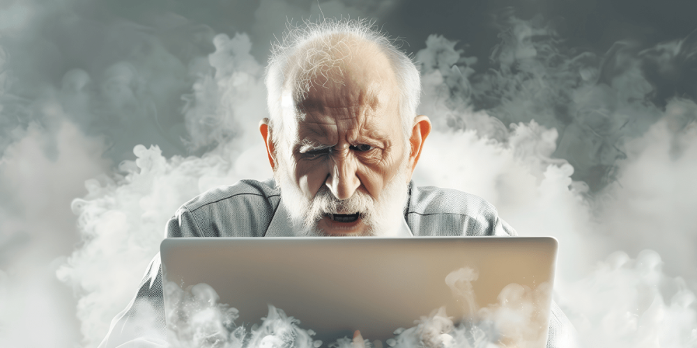 A balding man with white hair and a white beard sits in front of a laptop with fog surrounding him because he hasn't implemented accounting firm best practices.