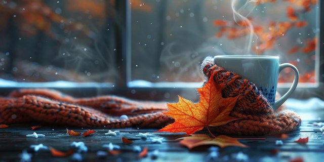 A steaming mug of something warm sits atop a window ledge next to a scarf.