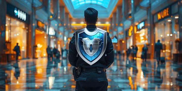 A cybersecurity officer looks down through the courtyard of a mall.