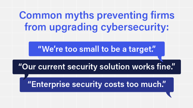 A text image listing the common myths preventing firms from upgrading cybersecurity.