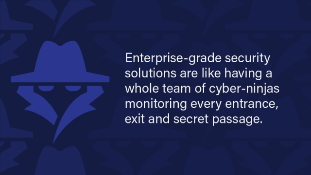 A text image reads: Enterprise-grade security solutions are like having a whole team of cyber-ninjas monitoring every entrance, exit and secret passage.