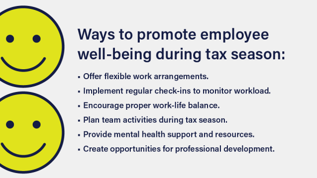 An image with two smiley faces on the left and a list of ways to promote employee well-being during tax season.